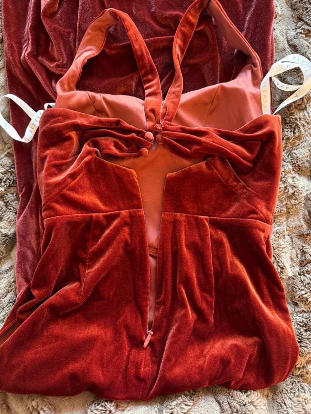 Azazie Velvet Terracotta Bridesmaid Dress - Picture 7 of 8